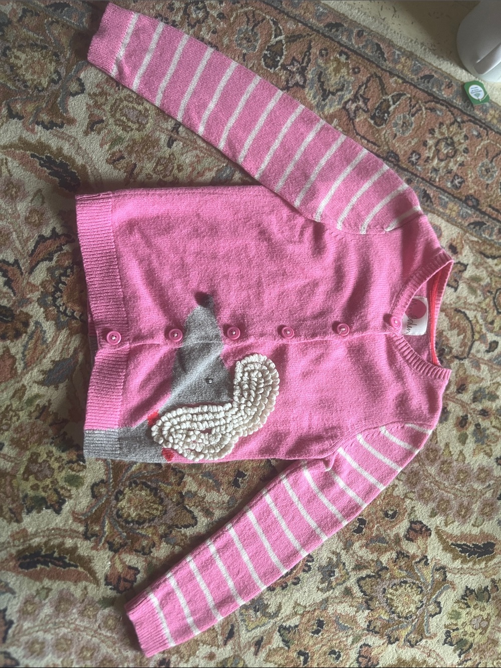 Mini Boden 5/6T Girls Pink Knit Cardigan with Dog Appliqué